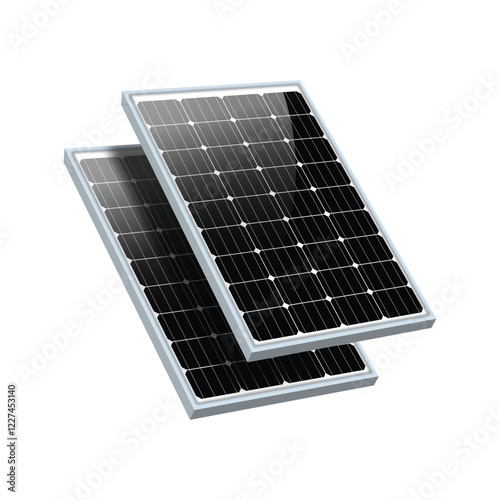 Two overlapping rectangular solar panels with a grid of dark photovoltaic cells and light-colored frames on a white background, showcasing efficient renewable energy technology.