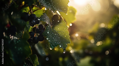 Glistening Grape Leaves Glowing in the Morning Light with Raindrops