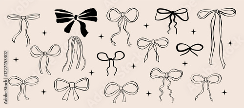 Doodle vector set of bows and ribbons. Hand drawn bow knots for greeting cards, gifts, posters, banners, invitations and party backgrounds.