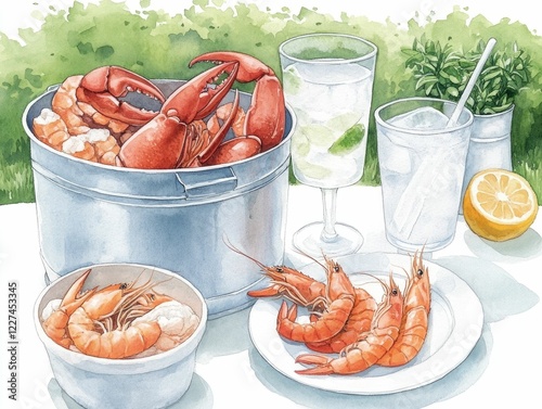 This watercolor painting showcases a visually stunning seafood buffet  featuring a mouthwatering array of fresh crabs  succulent lobster tails photo