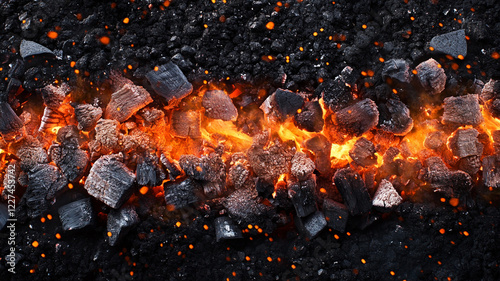 Glowing lava flow between jagged rocks, showcasing vibrant orange hues against dark terrain