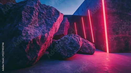 Futuristic Landscape with Neon Lights and Rocks at Dusk