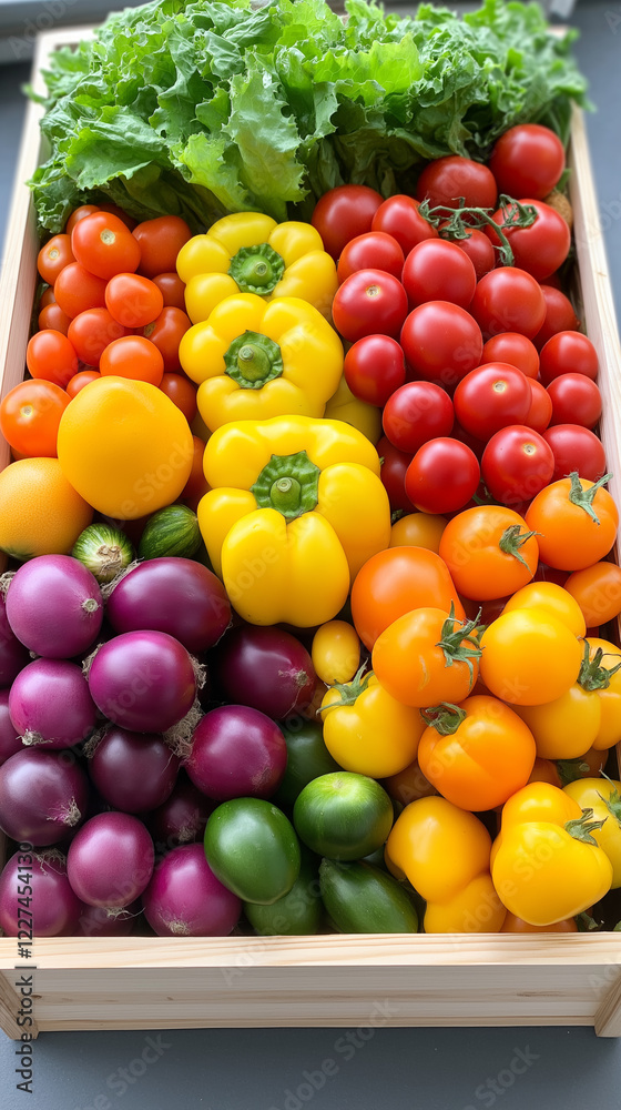 Colorful variety of fresh vegetables arranged neatly in a wooden crate showcasing local produce during community event Colorful variety of fresh vegetables arranged neatly in a wooden crate showcasing local produce during community event