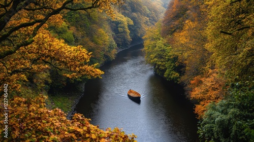 A serene autumn river view surrounded by vibrant foliage and a lone boat drifting peacefully.