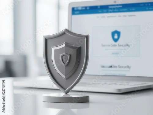 A metallic shield symbolizing cybersecurity and online protection, with a laptop displaying security concepts. photo