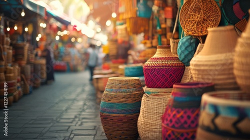 Colorful woven baskets in a market filled with vibrant lights and a warm atmosphere. A perfect blend of culture and craft.