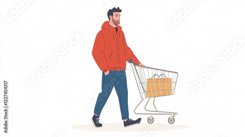 Modern man shopping with cart flat vector illustration for e-commerce marketing photo