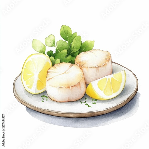 Delicious seared scallops served on a rustic plate garnished with fresh lemon wedges captured in a vibrant watercolor painting style