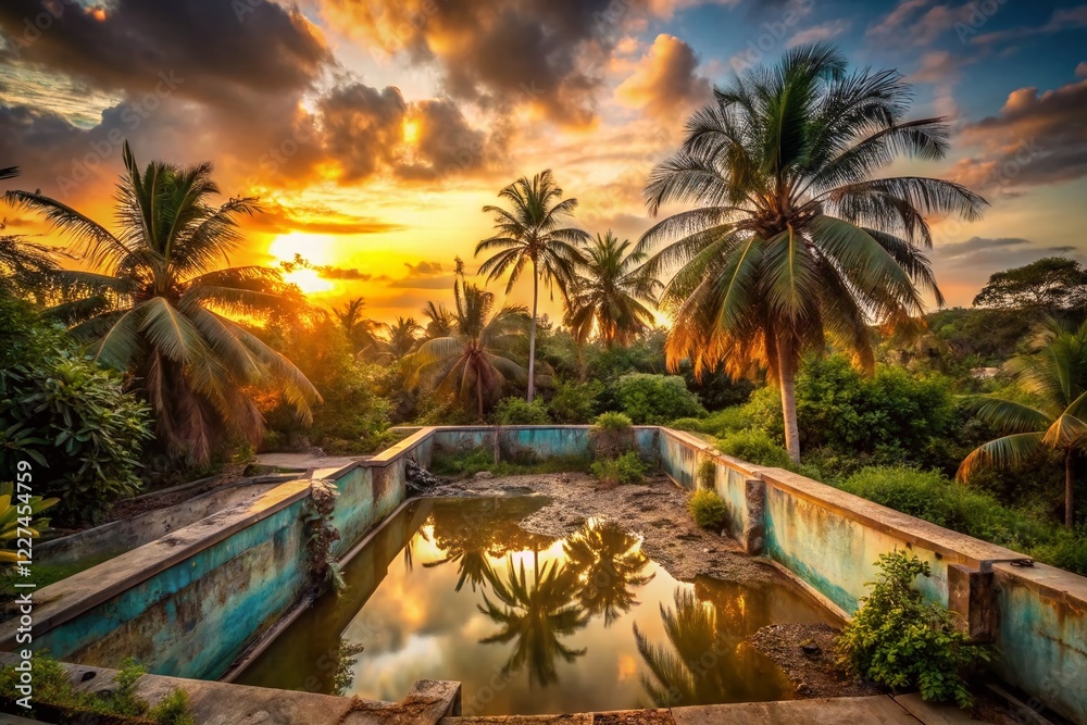 Fototapeta premium Abandoned Sunset Pool, Palm Trees, Urban Decay, Grunge, Overgrown