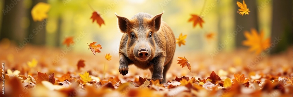Fototapeta premium Wild boar running through autumn leaves in a forest