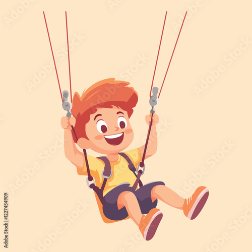 Cute Cheerful Kid Riding Swing Cartoon Vector Illustration