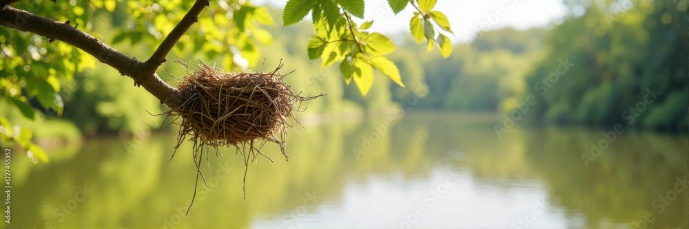 Empty bird nest hanging from a tree branch over a lake Empty bird nest hanging from a tree branch over a lake