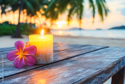 Peaceful Candlelit Scene with Tropical Flower on Wooden Table at Sunset by the Beach photo