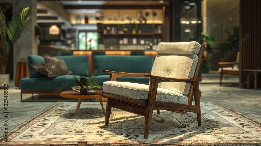 Modern interior design showcasing a stylish lounge area with a cozy chair and decorative elements Modern interior design showcasing a stylish lounge area with a cozy chair and decorative elements