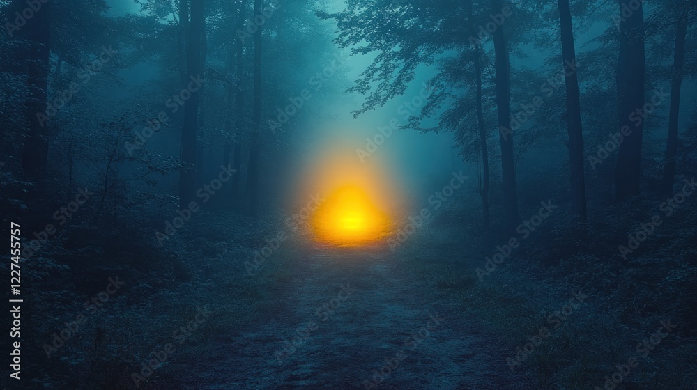 Fototapeta premium Ethereal Glow in a Misty Forest at Night with Trees Surrounding a Mysterious Yellow Light