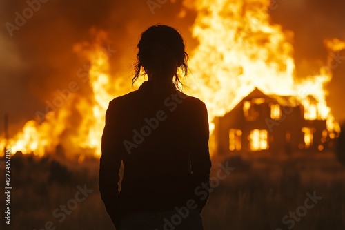 Woman watches a house engulfed in flames during a dramatic fire at dusk in a rural area