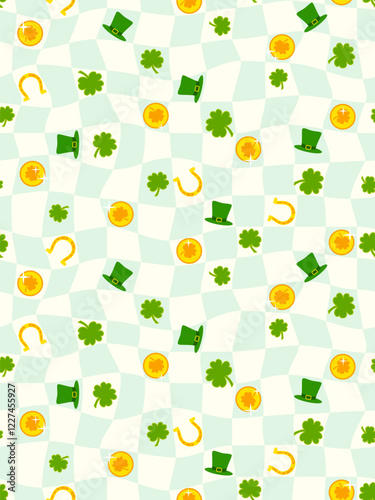 St. Patrick Day seamless pattern with shamrock, horseshoe, gold coins,  Leprechaun hat, on geometric groovy checkered background. Vector illustration