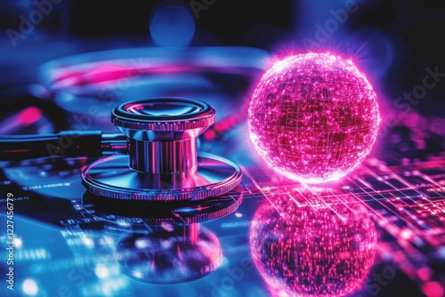 Modern healthcare technology with a stethoscope and a glowing digital sphere representing data connectivity photo