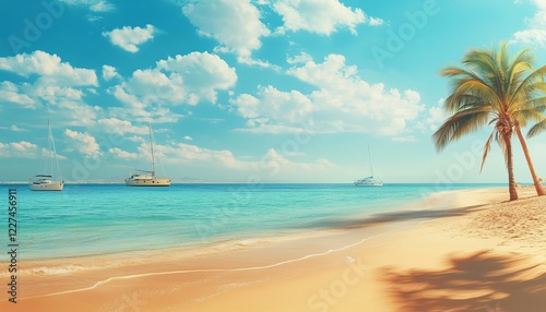 Exotic Beach Holiday: Stunning Panorama Of Golden Beach, Palm Trees, Yachts, And Blue Sky In Egypt, Hurghada - Ideal Romantic Getaway