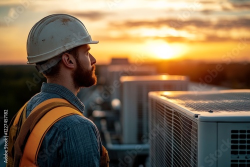 Wallpaper Mural Construction worker watches the sunset from a rooftop with HVAC units in the background at a construction site Torontodigital.ca