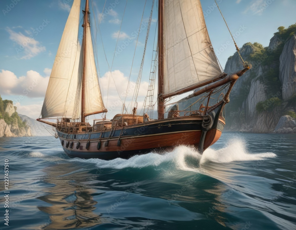 Obraz premium Klassisches Segelboot mit markantem Anker und Leitbogen, sea weathered wood, wooden rigging, old sailing boat