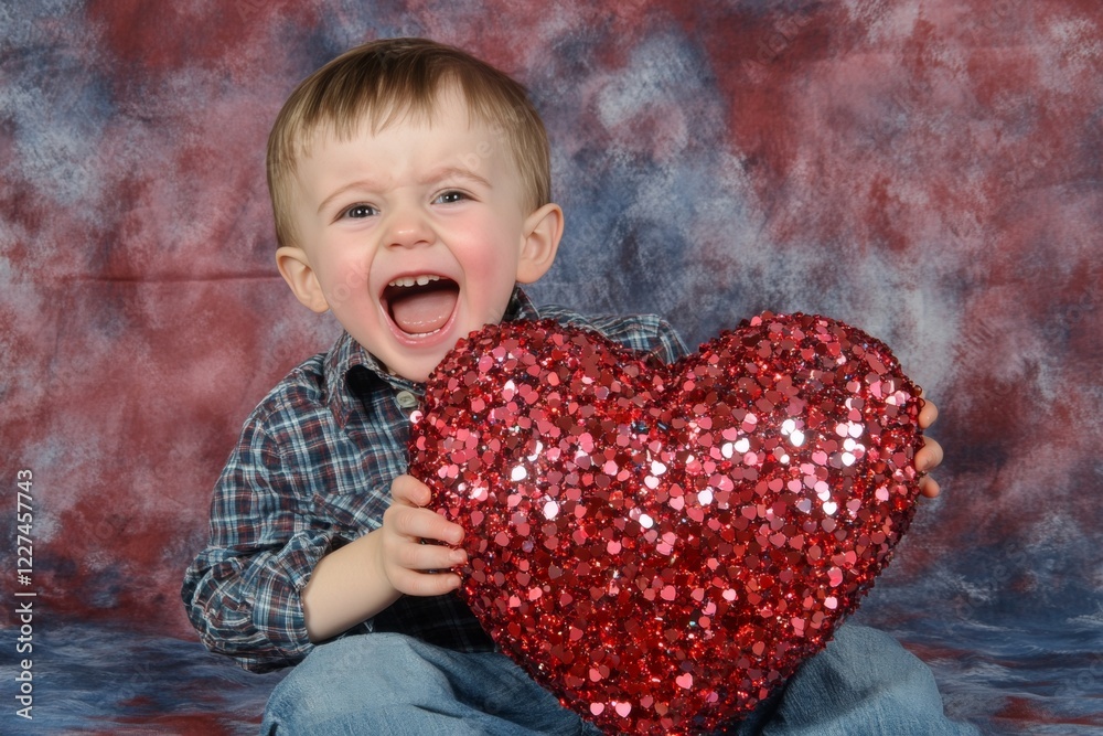 Fototapeta premium Commercial marketing pattern. Sign of love. Ð¡hildren valentine's day greeting card: toddler boy with happy face holds red heart in hands. Love card with kids. Child spreading happiness.