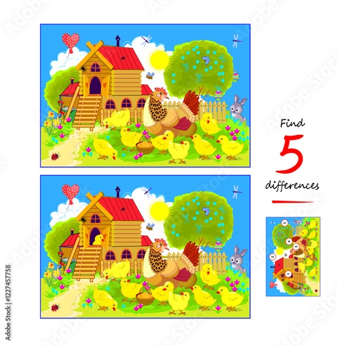 Find 5 differences. Illustration of a mom hen with her chicks in a spring garden. Logic puzzle game for children and adults. Page for kids brain teaser book. Flat vector drawing.