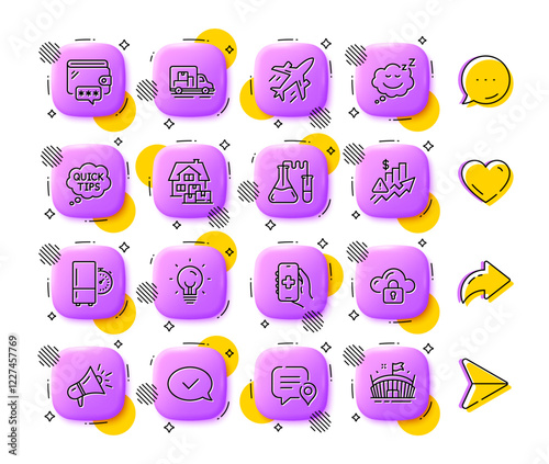 Sleep, Approved message and Quick tips line icons. App 3d buttons. Social media comment, share, like icons. Pack of Megaphone, Plane, Cloud protection icon. Vector