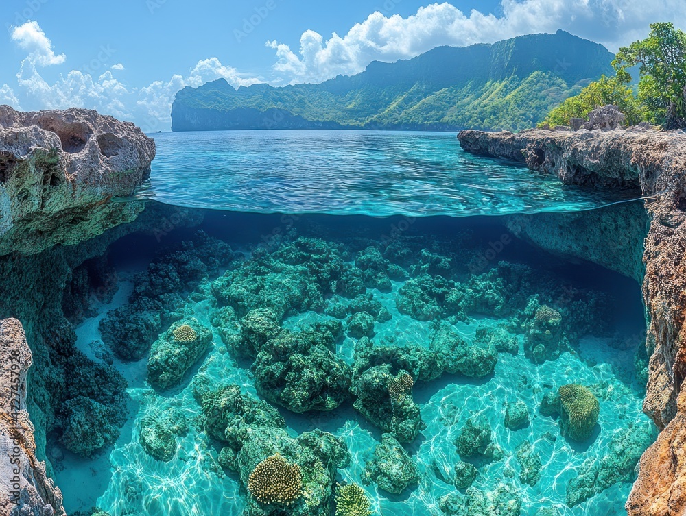 Naklejka premium Split view of a tropical coastline with turquoise water and underwater coral reef