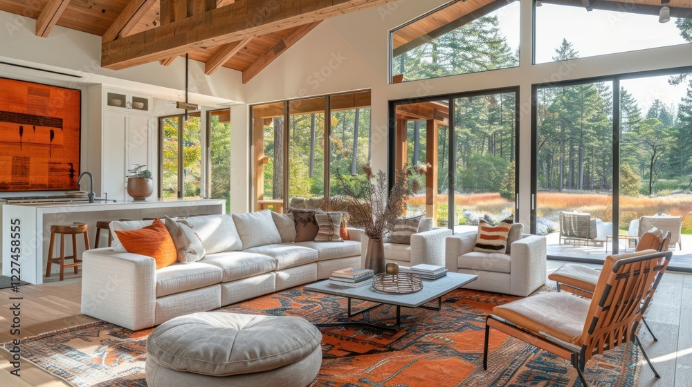 Fototapeta premium Modern living room with large windows, cozy furniture, and a serene forest view outside