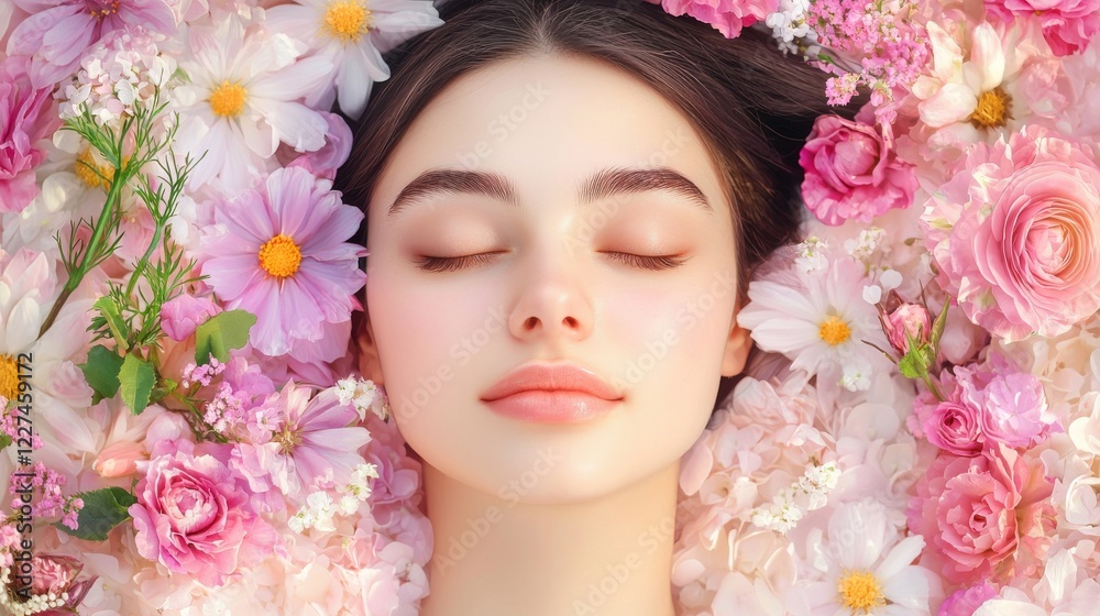 Serene Young Woman Amidst Pink and Purple Flowers Serene Young Woman Amidst Pink and Purple Flowers