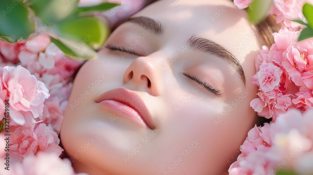 Serene Young Woman Amidst Pink Blossoms Serene Young Woman Amidst Pink Blossoms