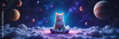 Mystical cat meditating among planets in a cosmic galaxy scene