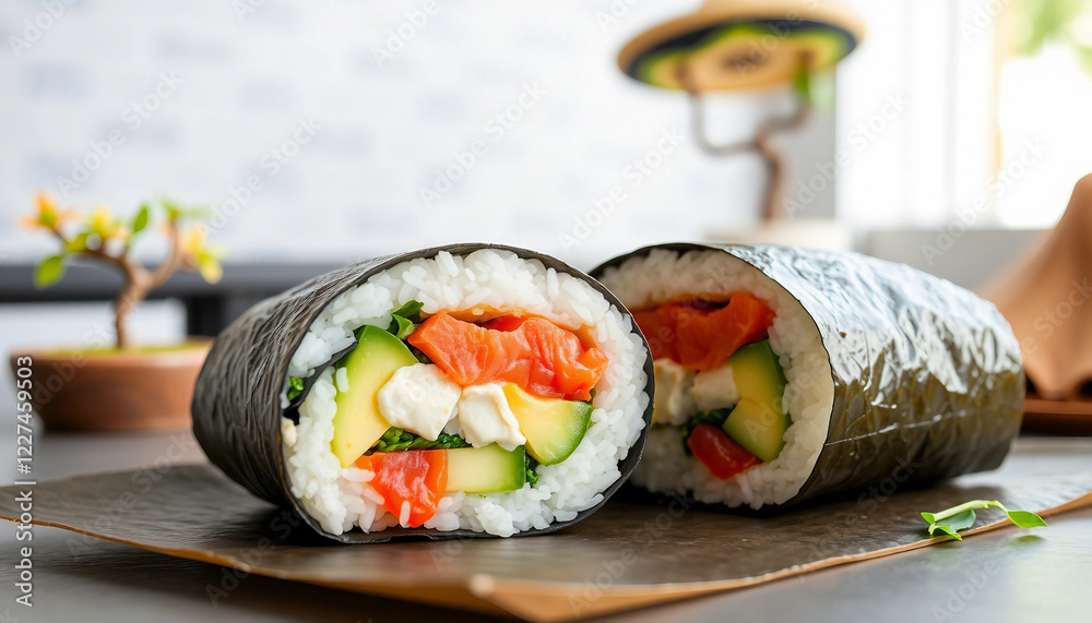A vibrant and appetizing sushi burrito featuring fresh salmon, cucumber, and egg, served on a designer plate. Perfectly combining Japanese and fusion food elements for culinary enjoyment.
A vibrant and appetizing sushi burrito featuring fresh salmon, cucumber, and egg, served on a designer plate. Perfectly combining Japanese and fusion food elements for culinary enjoyment.