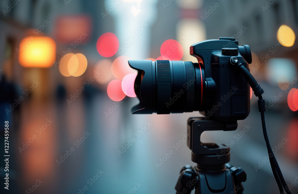 Obraz premium Modern camera sits on tripod in front of city. Night dusk. Illuminated city buildings create bokeh effect. Photographer, videographer, filmmaker working in urban environment. Equipment sleek,