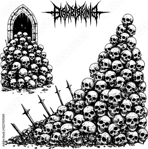 Human skulls stacked horrors scene vectors. A pile of skulls human skulls with many shaped background tattoo hand drawing vectors art lines
