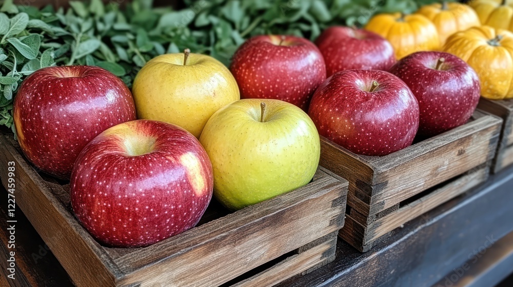 Red and yellow apples in wooden crates. Red and yellow apples in wooden crates.