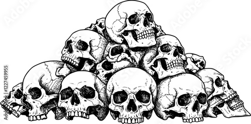 Human skulls stacked horrors scene vectors. A pile of skulls human skulls with many shaped background tattoo hand drawing vectors art lines