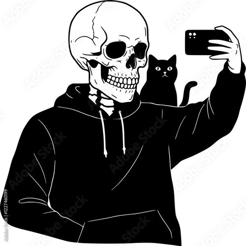 Skull man selfies with his cat vectors art
