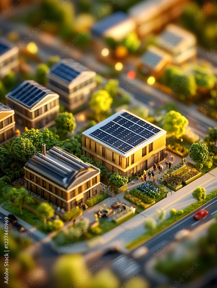 Obraz premium Community Driven Sustainability Project with Solar Panels and Urban Greenery