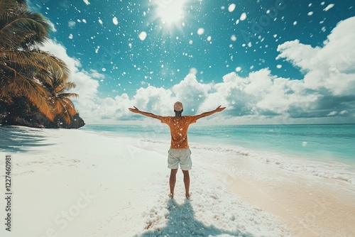 A man wearing a yellow shirt smiles widely while standing on a snow beach after snowfall surrounded by tall palm trees.