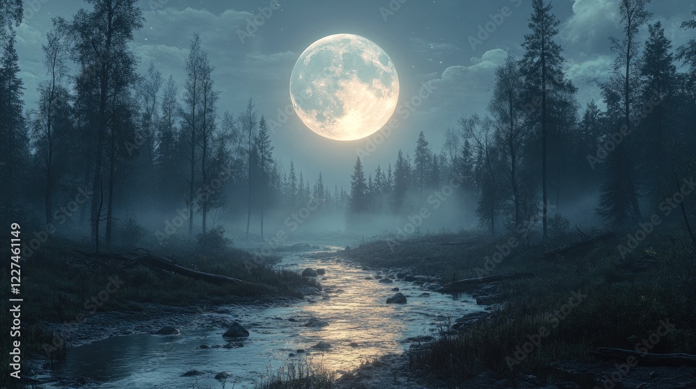 Naklejka premium Ethereal Moonlit Forest with Mist and Reflections on Calm Water Under a Bright Full Moon