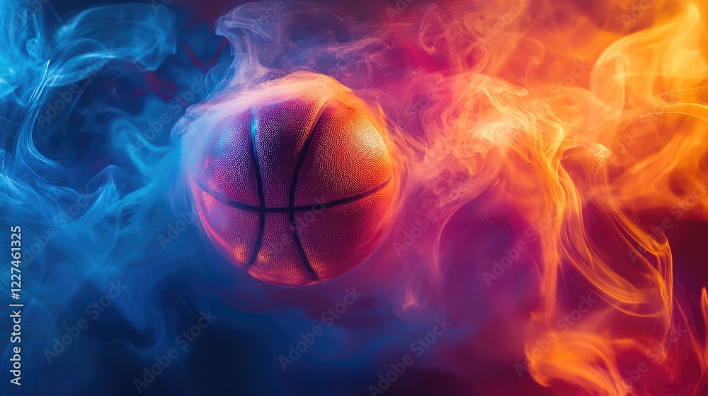 Fototapeta premium A basketball floating with swirling smoke in vibrant hues of orange, blue, and magenta, symbolizing energy, motion, and excitement in the sport