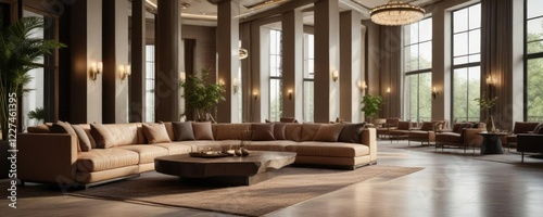 Luxurious hotel lobby with comfortable sofas and coffee tables, cozy seating areas, relaxed ambiance