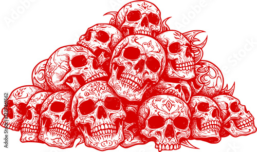 A pile of skulls human skulls with many shaped background tattoo hand drawing vectors art red
