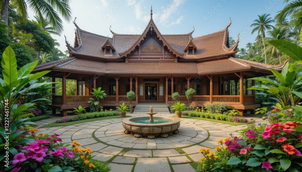 A traditional Thai teakwood house with an open courtyard, surrounded by vibrant tropical flowers and greenery in northern Thailand A traditional Thai teakwood house with an open courtyard, surrounded by vibrant tropical flowers and greenery in northern Thailand