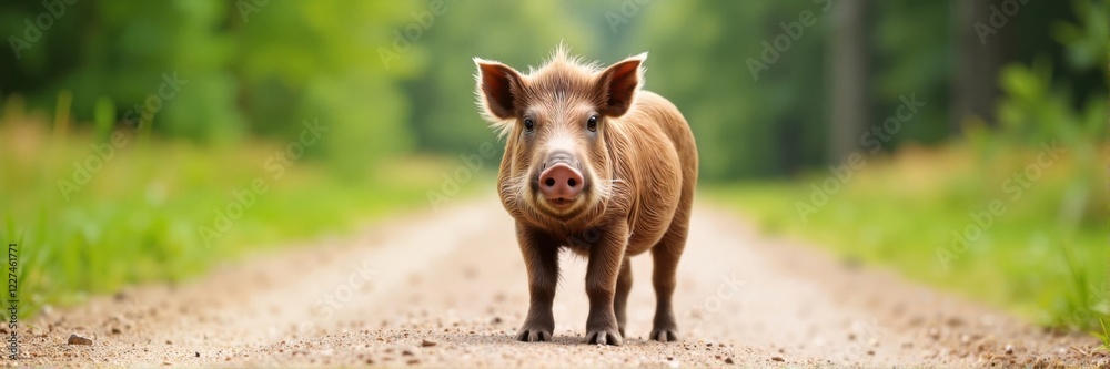 Young wild pig standing on a dirt road in nature. Young wild pig standing on a dirt road in nature.