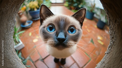 A curious cat with bright blue eyes is looking directly at the camera through a fisheye lens, capturing its playful and inquisitive nature. photo