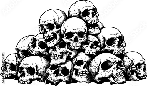 Skulls piled up in horrific places vector art background
