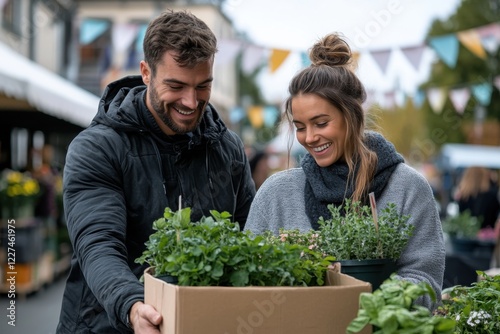 Wallpaper Mural A happy couple enjoys shopping for plants at a bustling market, sharing smiles and joy as they explore vibrant greenery and beautiful flowers together. Torontodigital.ca